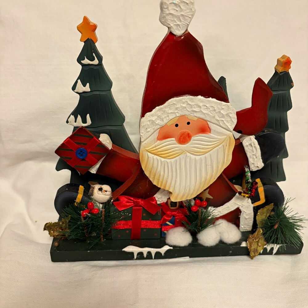 Vintage Wood Santa Claus Christmas Figurine Scene Trees Presents Snow 9 in
